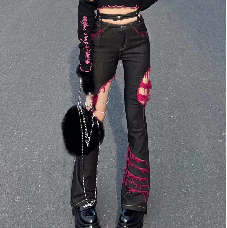 Embroidery Jeans Sakura - Японские черные джинсы в стиле панк