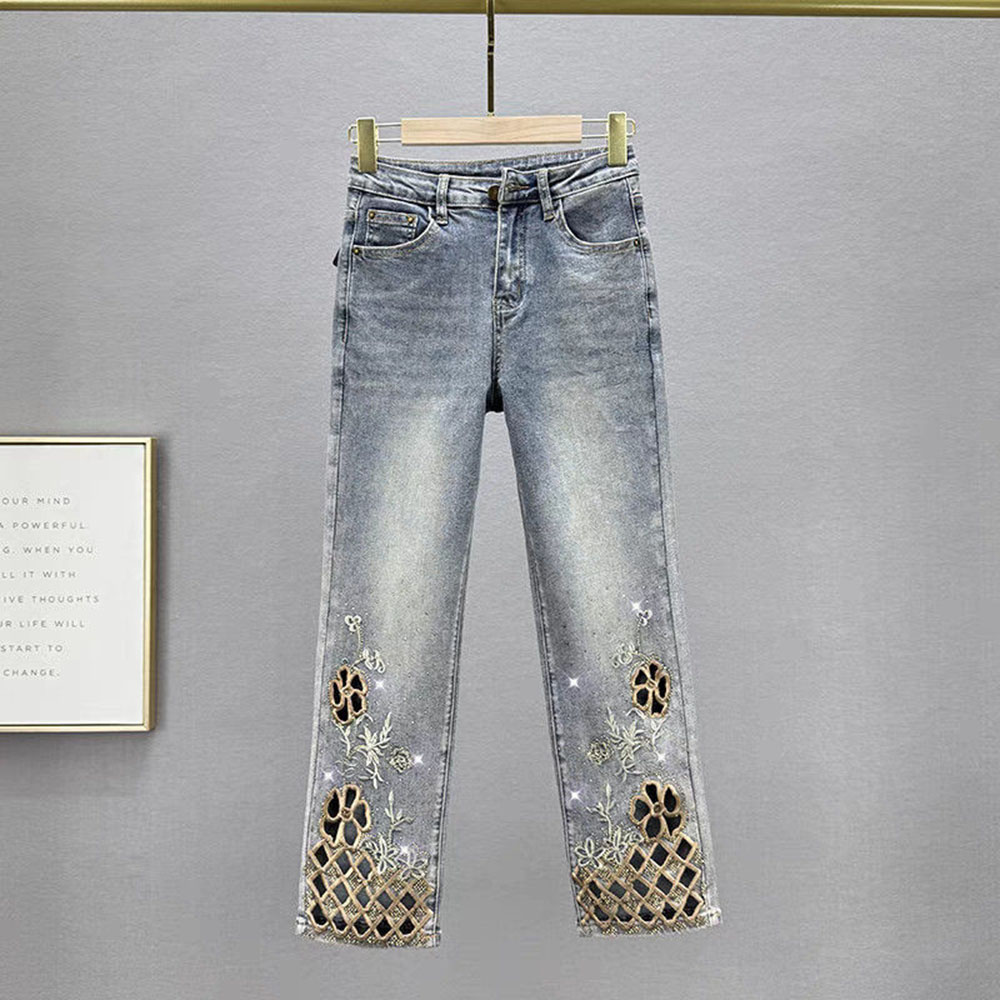 Embroidery Jeans Sakura - Летние роскошные прямые джинсовые брюки с