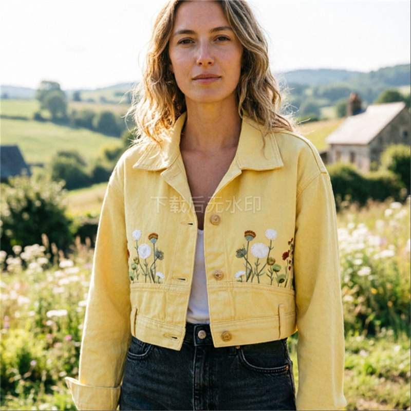 Женская короткая джинсовая кур – обзор и цена Embroidery Yellow Flower